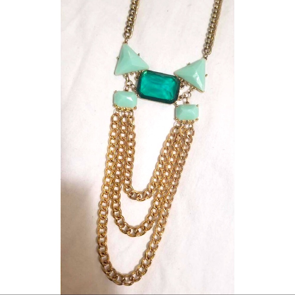 Long Turquoise Gem Necklace w/Gold Chain